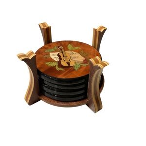 HANDMADE Italian Coaster Set of 6 Inlaid Wooden Stand Mandolin/ Violin Brown Tan